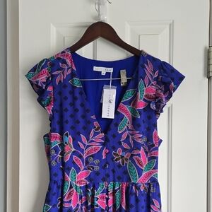 Ganni Blue Dress with Pink and Green Floral Pattern